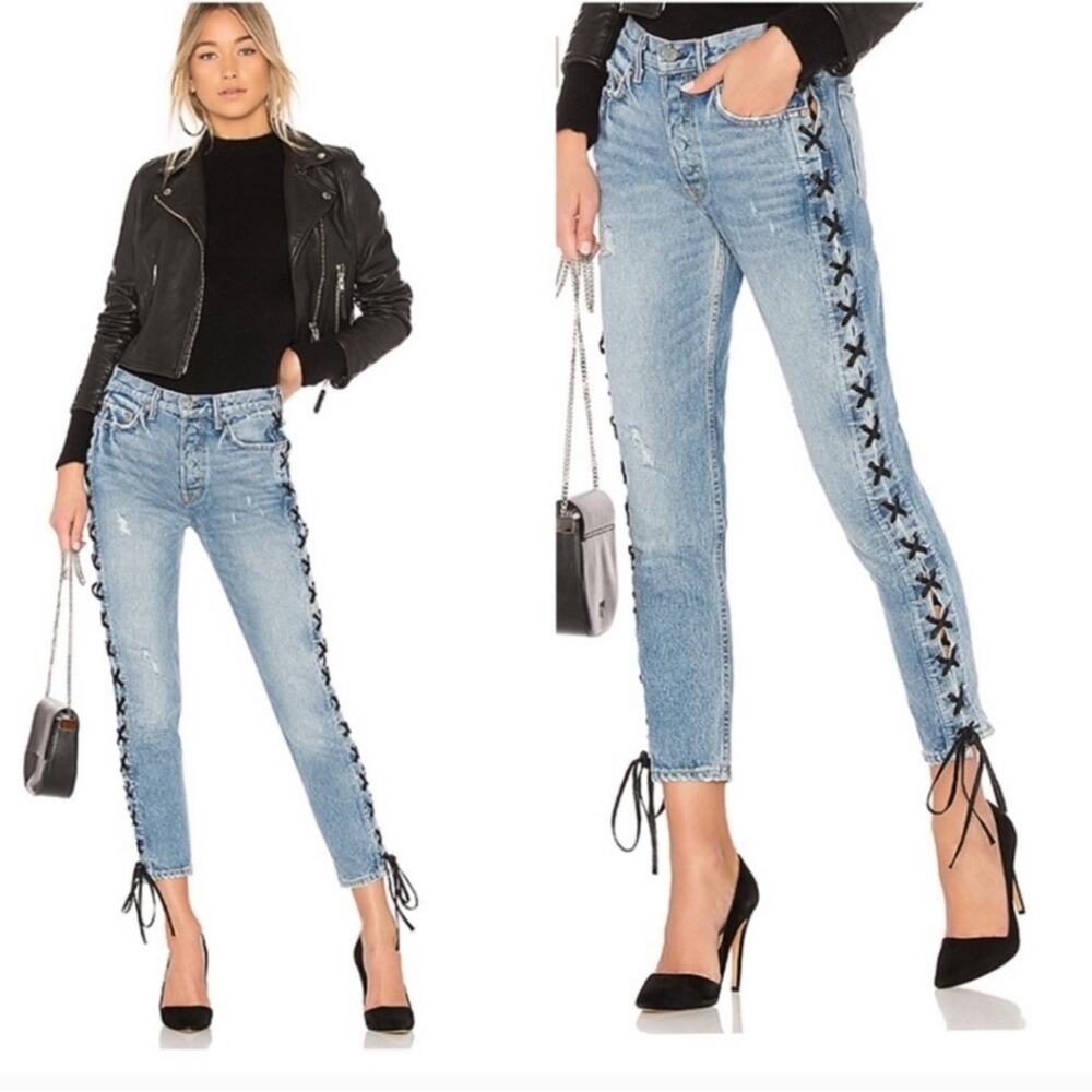GRLFRND Jeans Denim Skinny High Rise Karolina Black Lace Up Blue Imperial 24